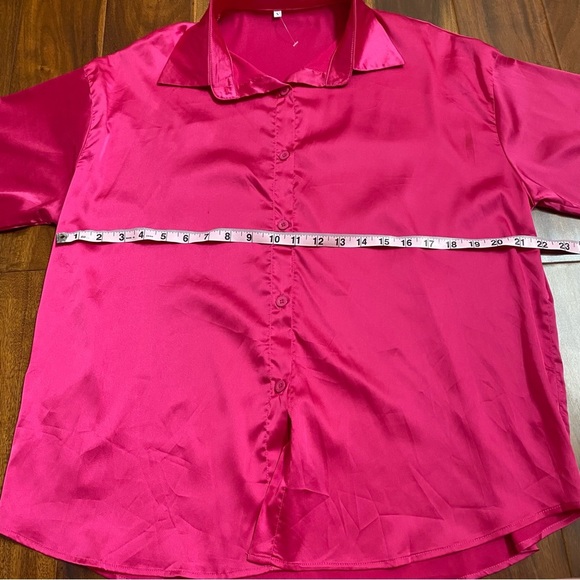 SHEIN Vibrant Pink Satin Blouse with Feather Cuffs. Size small - Picture 5 of 6